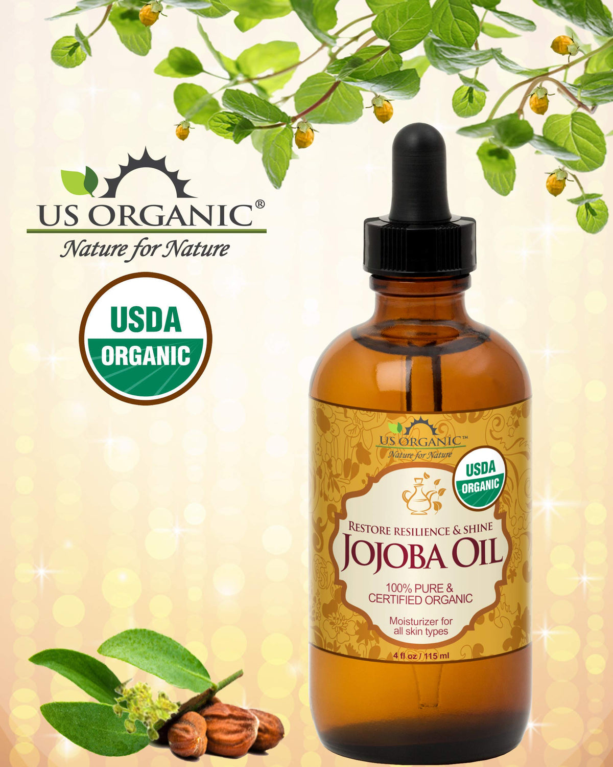 US Organic Jojoba Oil 100% Pure 4oz bottle side view