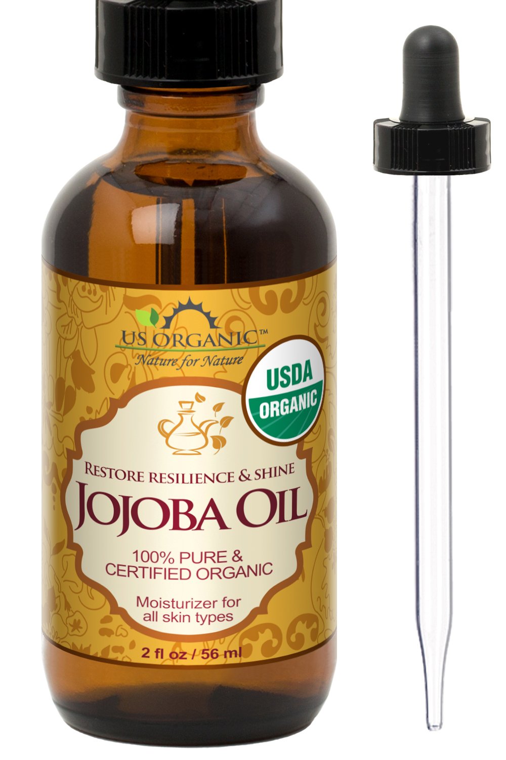 US Organic Jojoba Oil 2 fl oz amber glass bottle front view