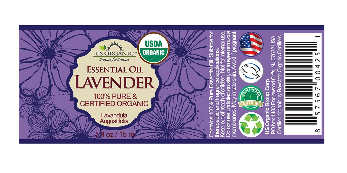 US Organic Lavender Essential Oil with floral background
