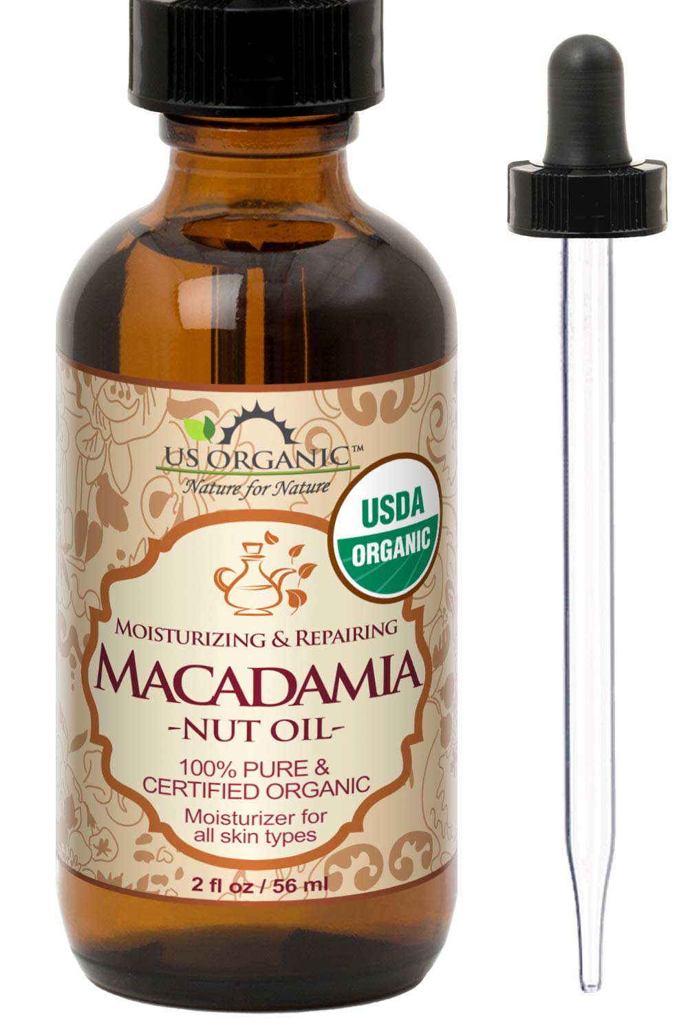 US Organic Macadamia Nut Oil 2 oz amber glass bottle front view