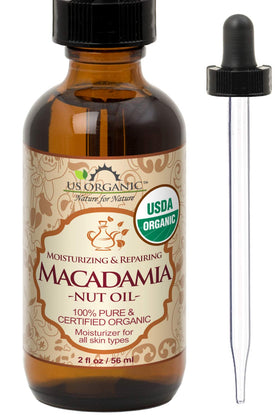 US Organic Macadamia Nut Oil 2 oz amber glass bottle front view