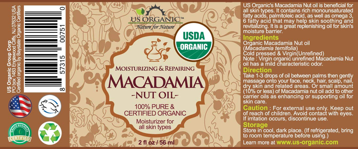 US Organic Macadamia Nut Oil 2 oz bottle with glass dropper