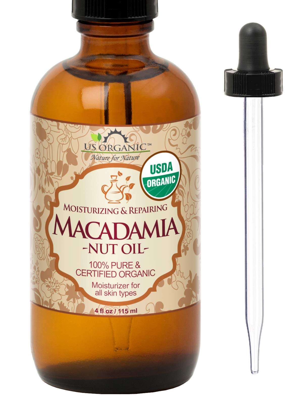US Organic Macadamia Nut Oil 4 oz amber glass bottle front view