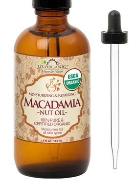 US Organic Macadamia Nut Oil 4 oz amber glass bottle front view