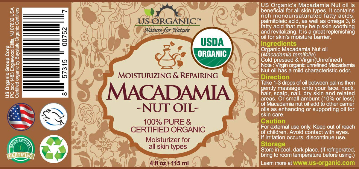 US Organic Macadamia Nut Oil 4 oz bottle with glass dropper