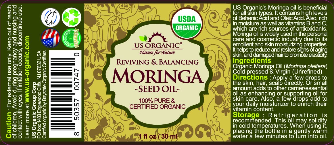 US Organic Moringa Oil bottle with label details