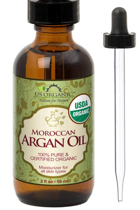 US Organic Moroccan Argan Oil 2 Oz amber glass bottle front view