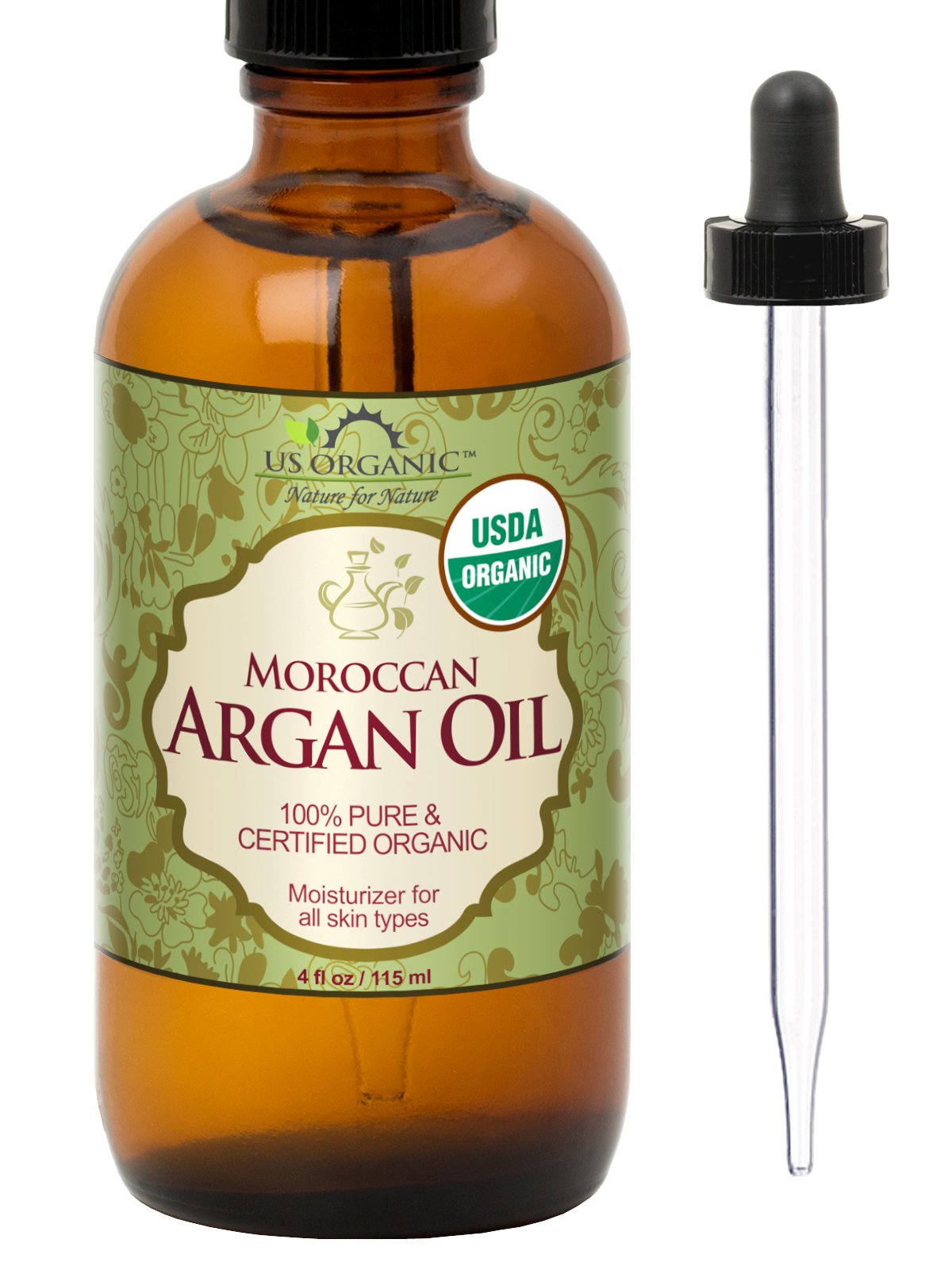 US Organic Moroccan Argan Oil 4 oz amber glass bottle front view