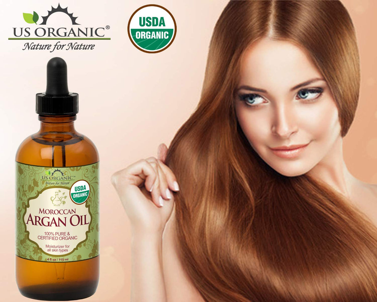 US Organic Moroccan Argan Oil displayed with natural ingredients