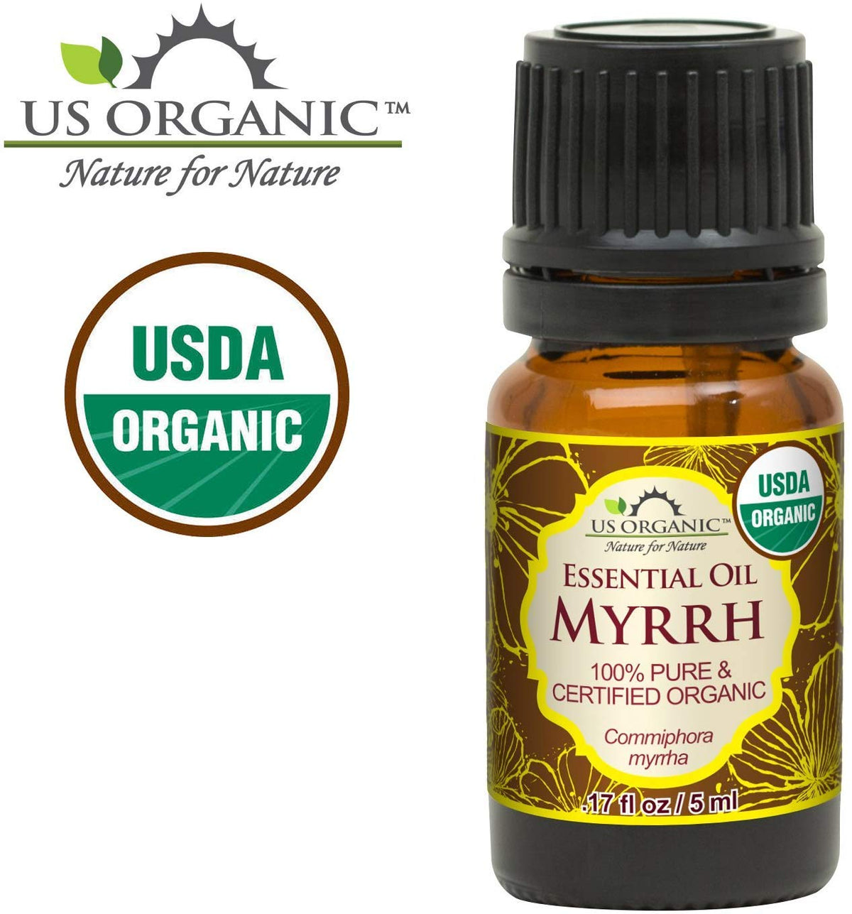US Organic Myrrh Essential Oil 5ml bottle side view
