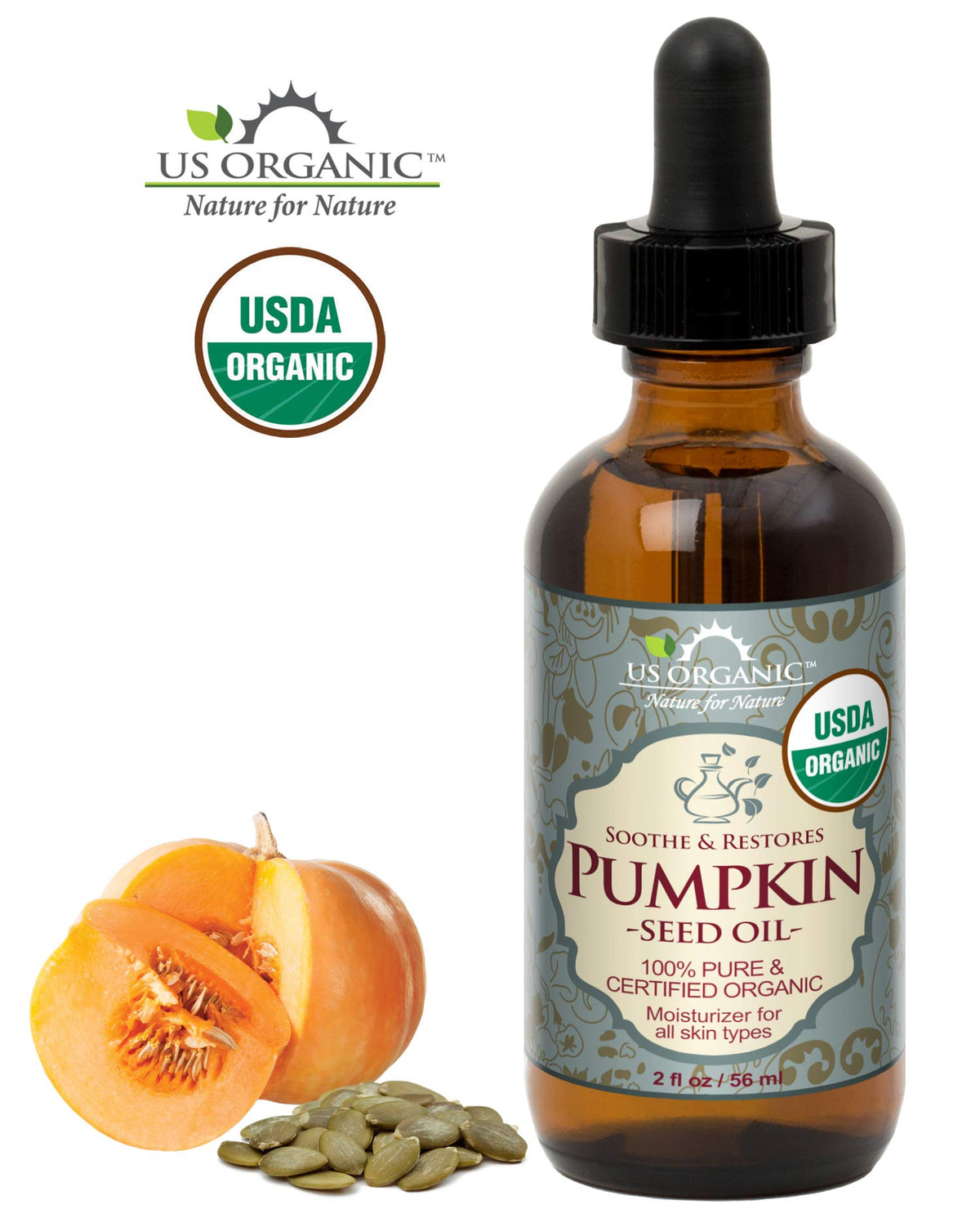 US Organic Pumpkin Seed Oil with glass dropper on wooden surface