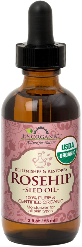 US Organic Rosehip Seed Oil 2 oz amber glass bottle front view