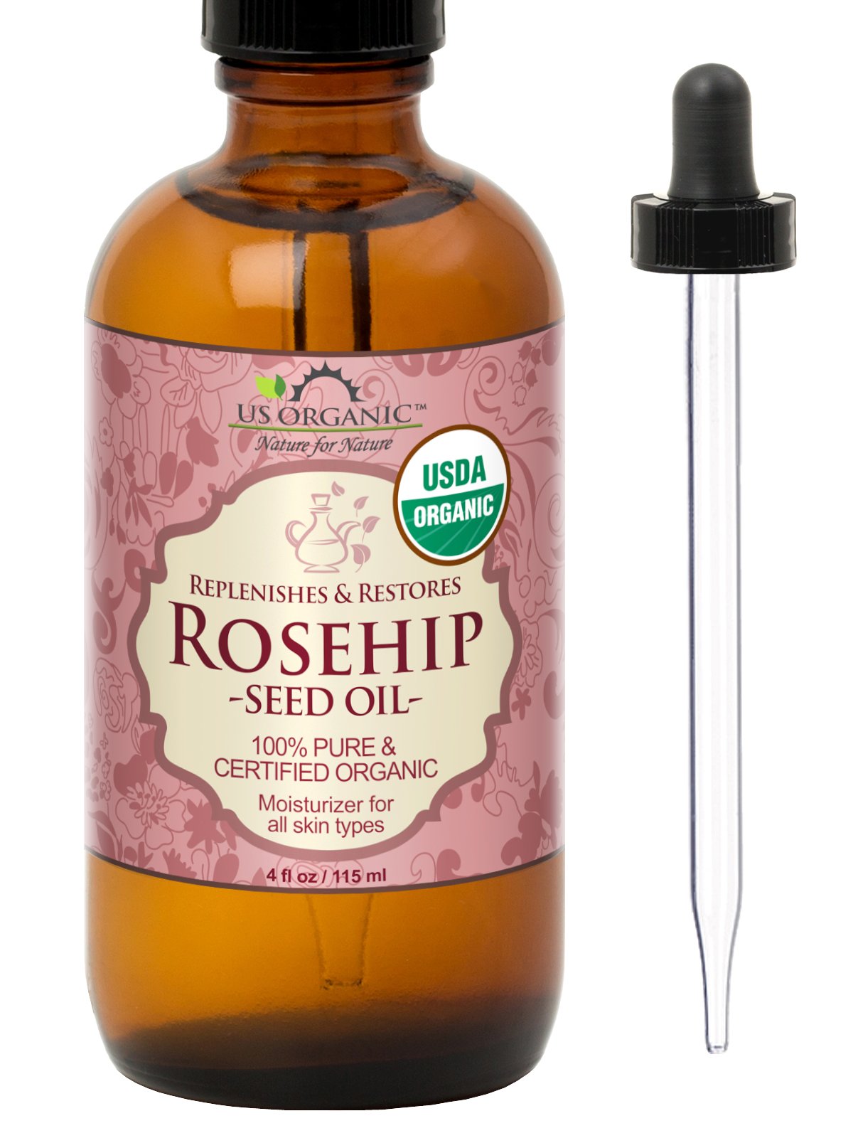 US Organic Rosehip Seed Oil 4 oz amber glass bottle front view