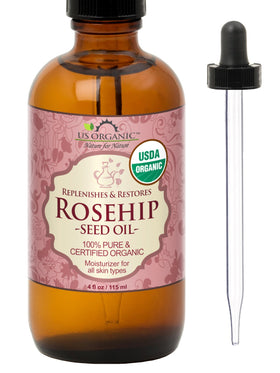 US Organic Rosehip Seed Oil 4 oz amber glass bottle front view