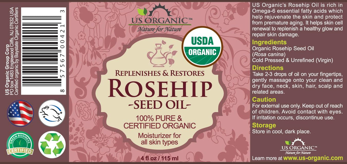 US Organic Rosehip Seed Oil 4 oz amber glass bottle with glass eyedropper