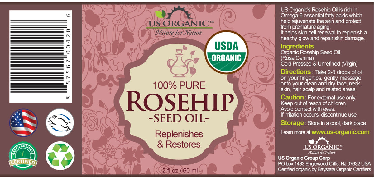 US Organic Rosehip Seed Oil dropper with oil inside
