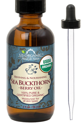 US Organic Sea Buckthorn Berry Oil 2 oz amber glass bottle front view