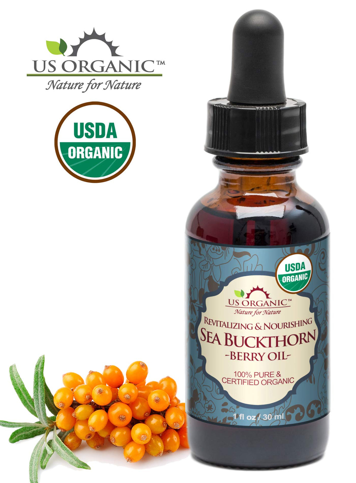 US Organic Sea Buckthorn Berry Oil 30ml bottle side view