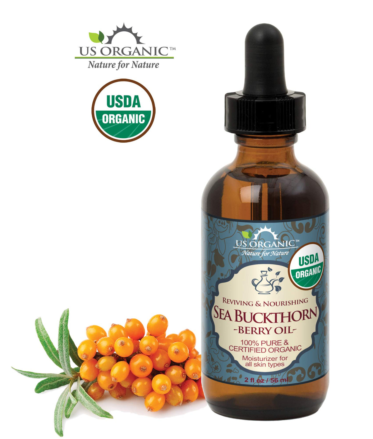 US Organic Sea Buckthorn Berry Oil bottle with dropper