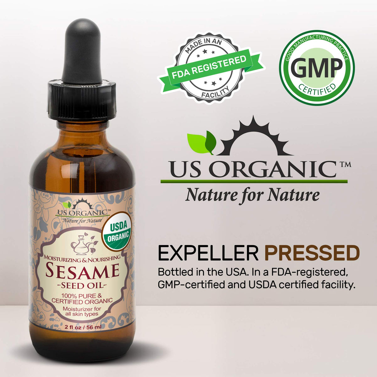 US Organic Sesame Seed Oil 2 oz bottle side view