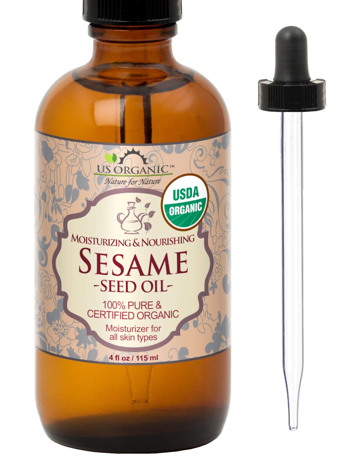 US Organic Sesame Seed Oil 4 oz amber glass bottle with dropper
