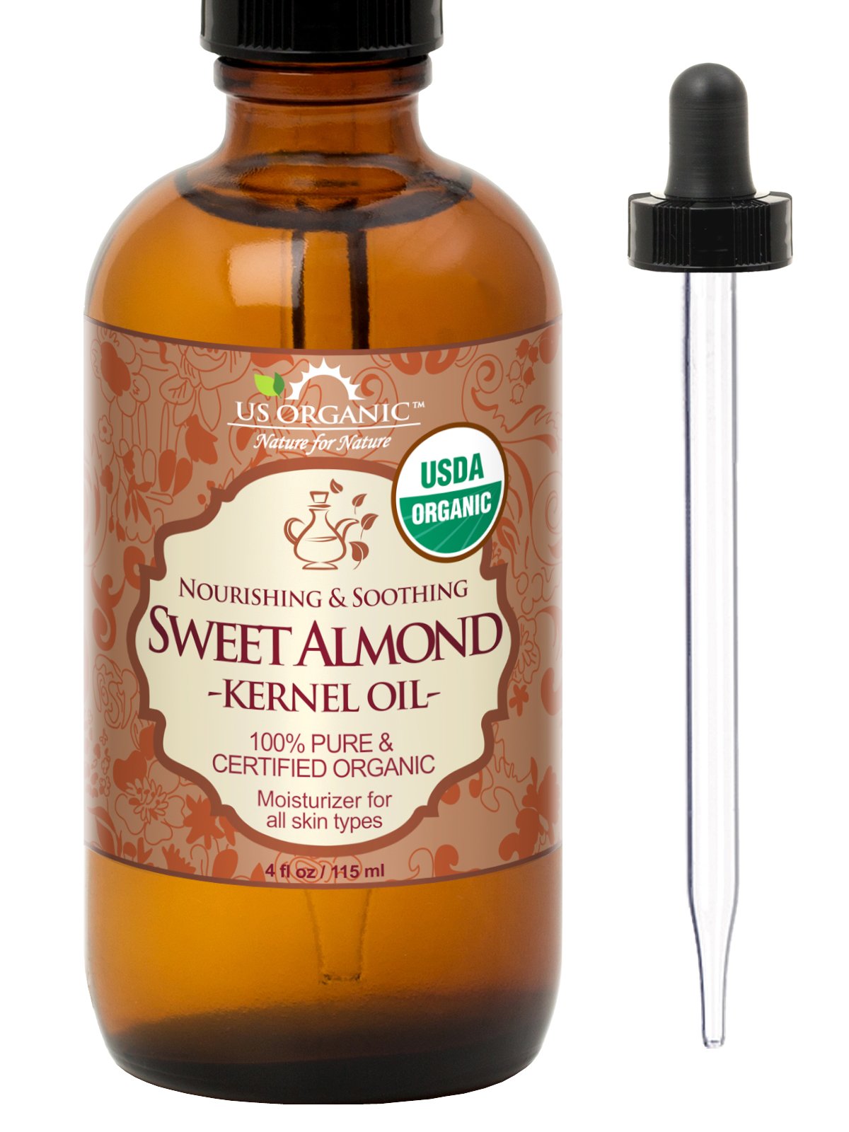 US Organic Sweet Almond Kernel Oil 4 oz amber glass bottle front view