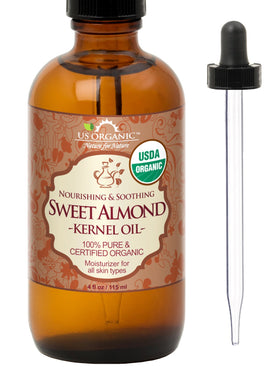 US Organic Sweet Almond Kernel Oil 4 oz amber glass bottle front view