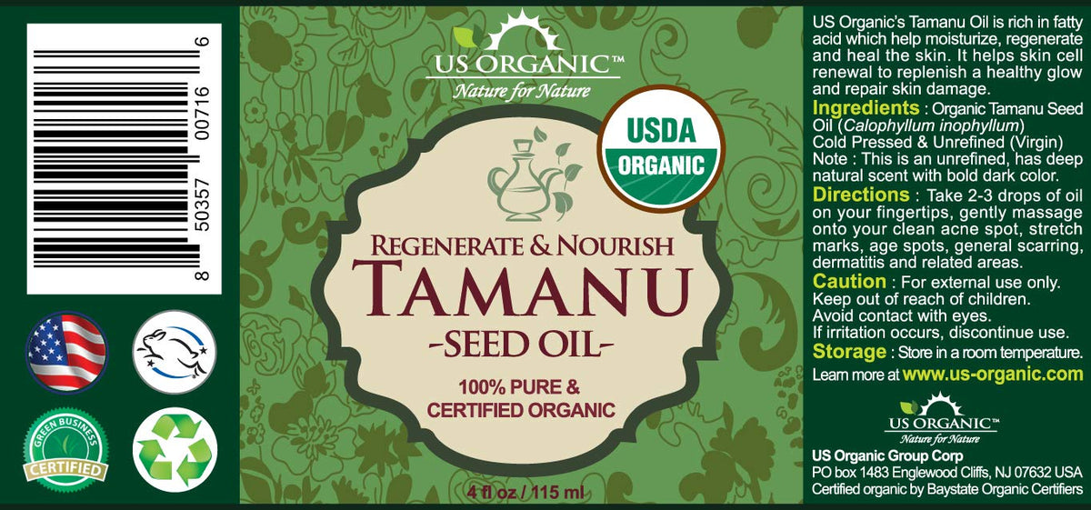 US Organic Tamanu Oil 4oz bottle side view
