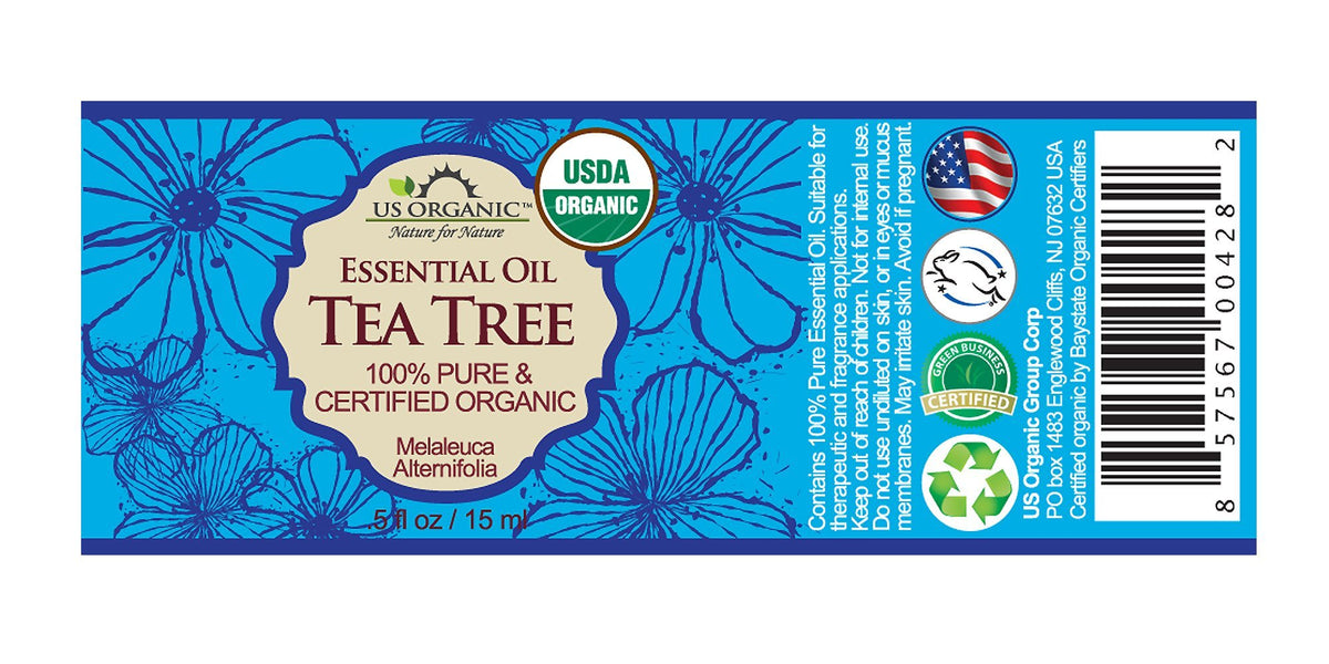 US Organic Tea Tree Essential Oil back view with label details