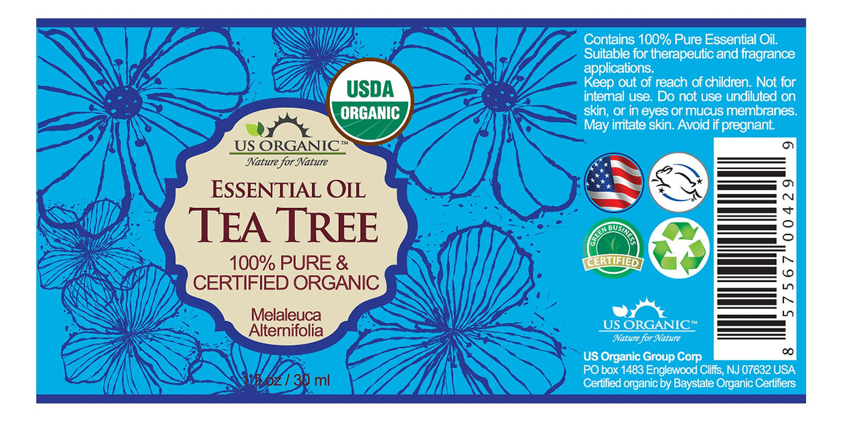 US Organic Tea Tree Essential Oil bottle with label