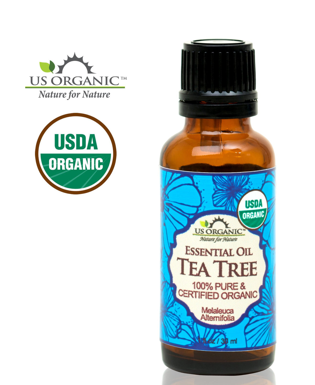 US Organic Tea Tree Essential Oil packaging and dropper