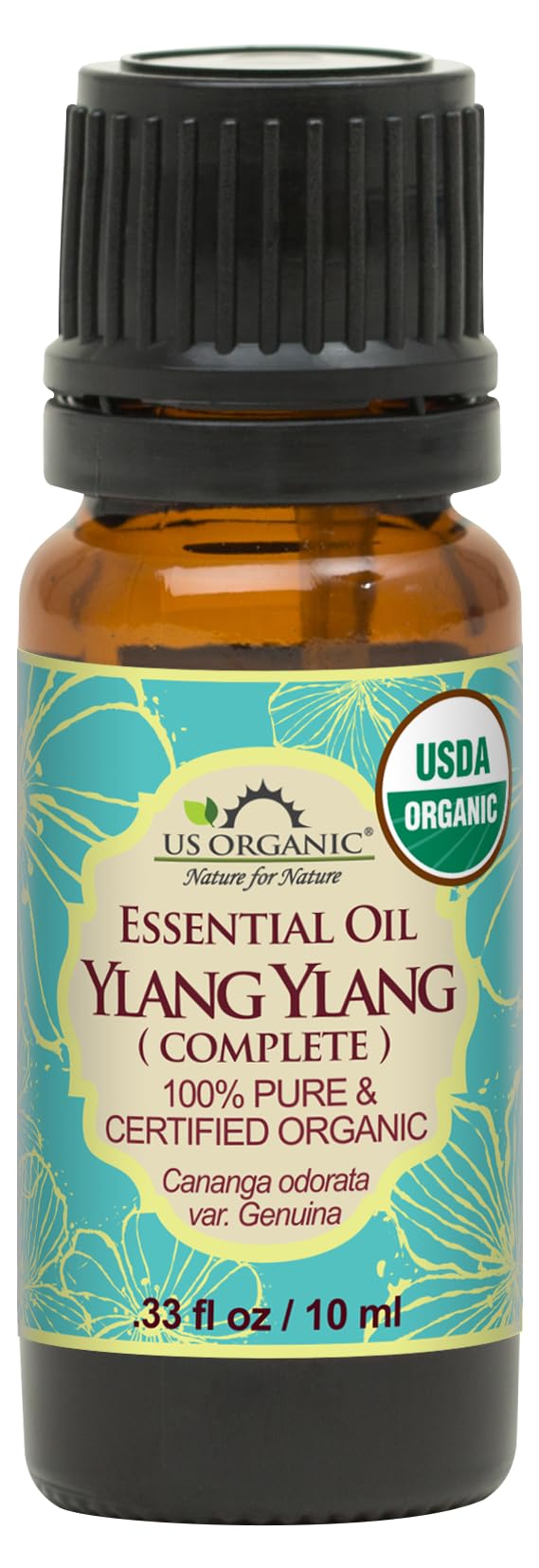 US Organic Ylang Ylang Essential Oil 10ml amber glass bottle front view