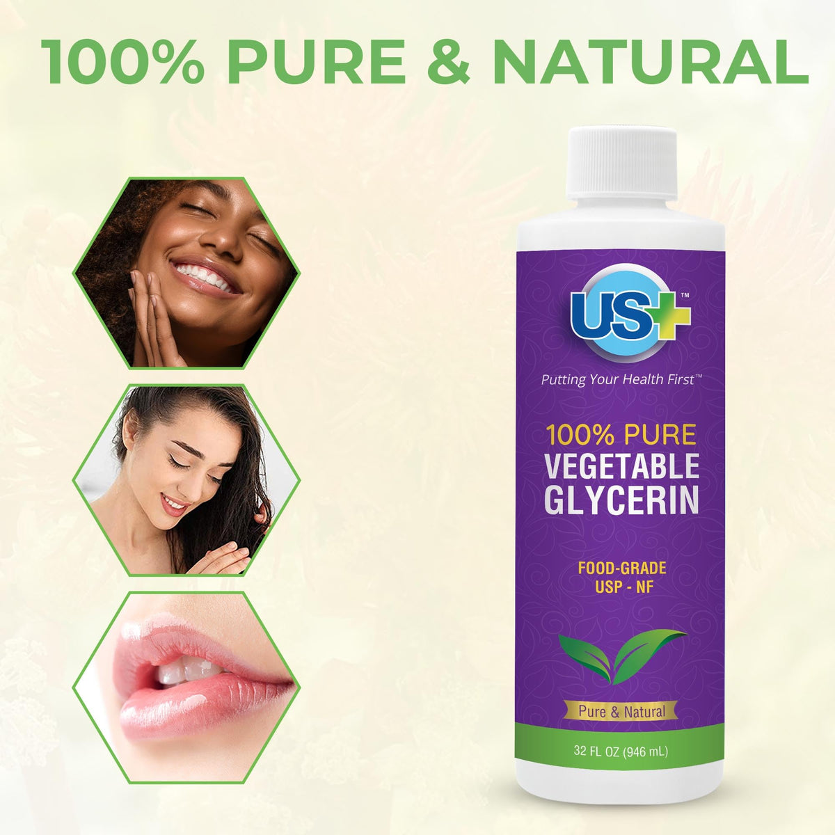 US+ Vegetable Glycerin bottle side view with measurement markings