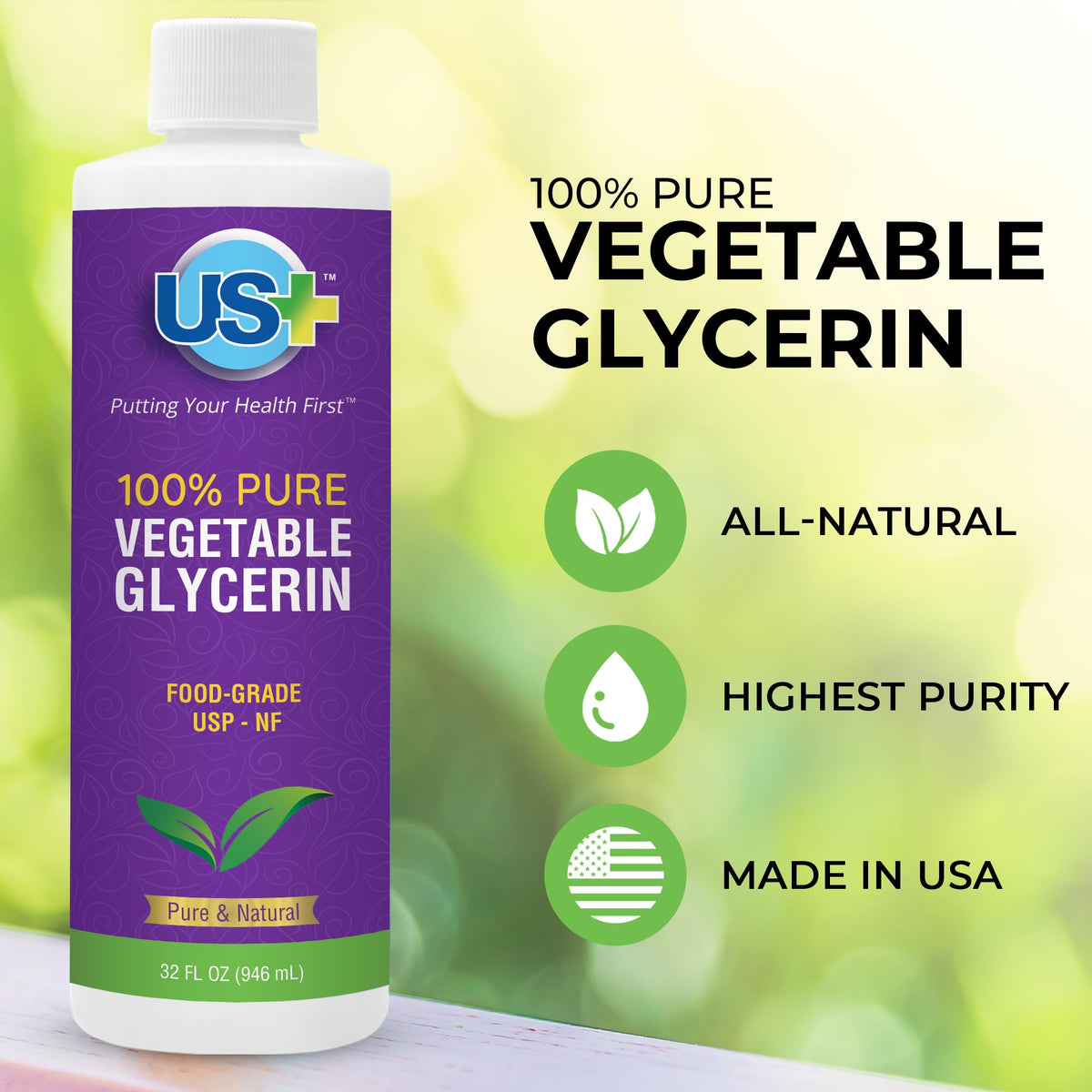US+ Vegetable Glycerin clear liquid close-up