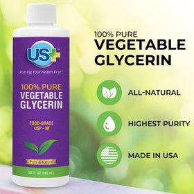 US+ Vegetable Glycerin clear liquid close-up