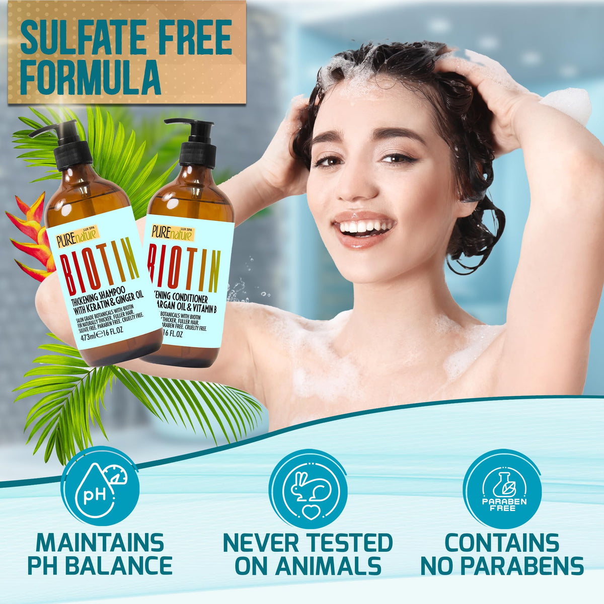 Usage of PURE NATURE LUX SPA Biotin Shampoo and Conditioner in a bathroom