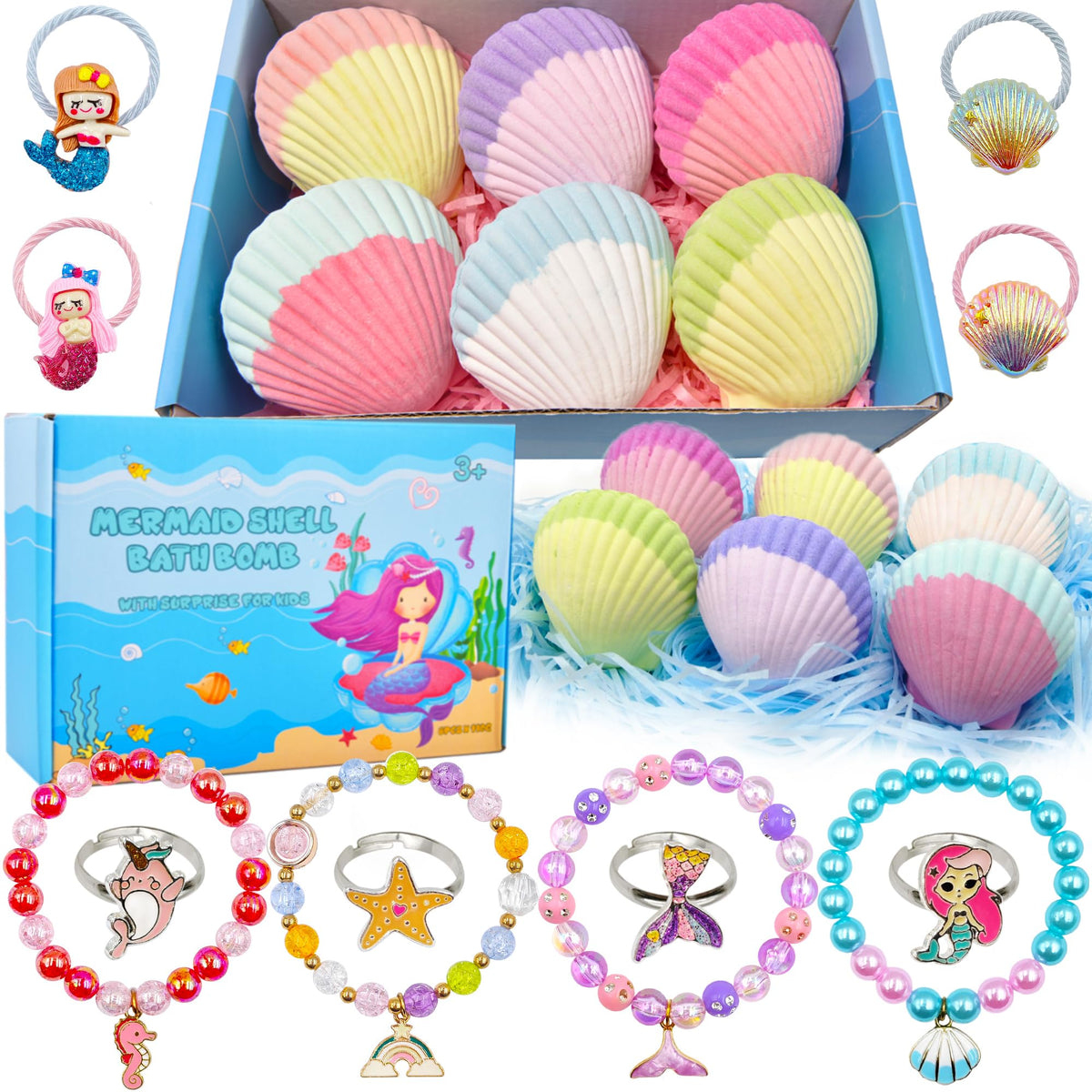usand Mermaid Bath Bombs set with vibrant packaging