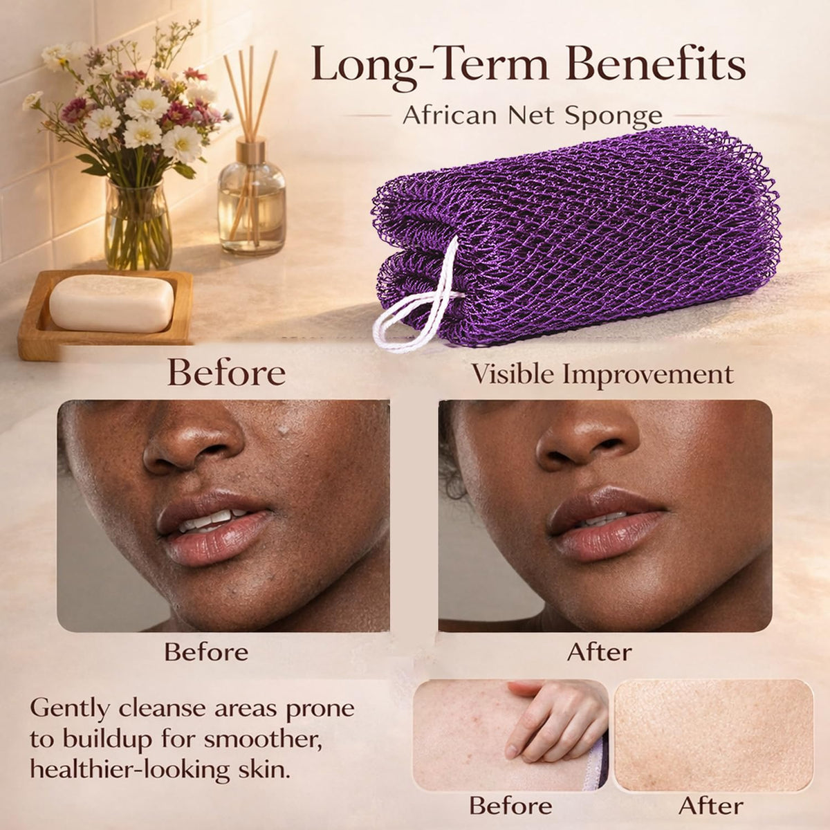 User applying body wash on HAITOO African Net Sponge