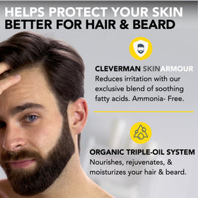 User applying CLEVERMAN beard dye in bathroom