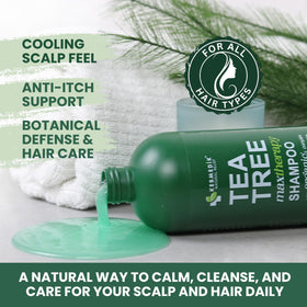 User applying KESMEDIK Tea Tree Shampoo MaxTherapy in shower