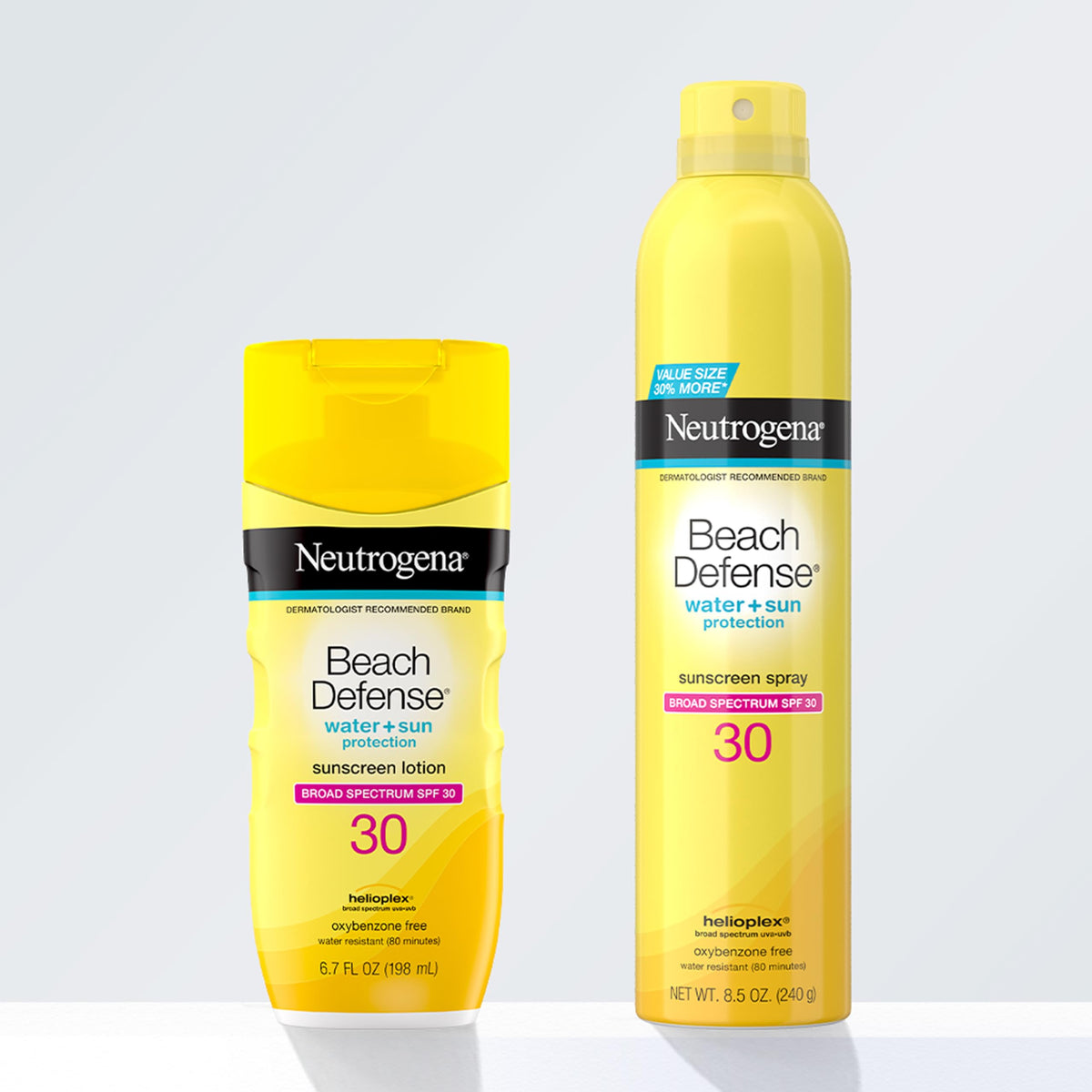 User applying Neutrogena Beach Defense Sunscreen Spray SPF 30 8.5 oz