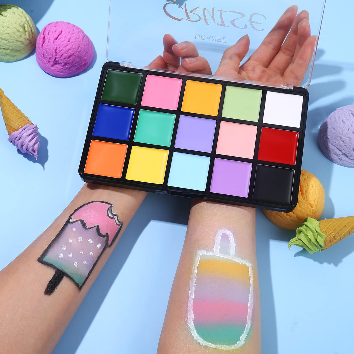 User applying UCANBE face paint at a birthday party