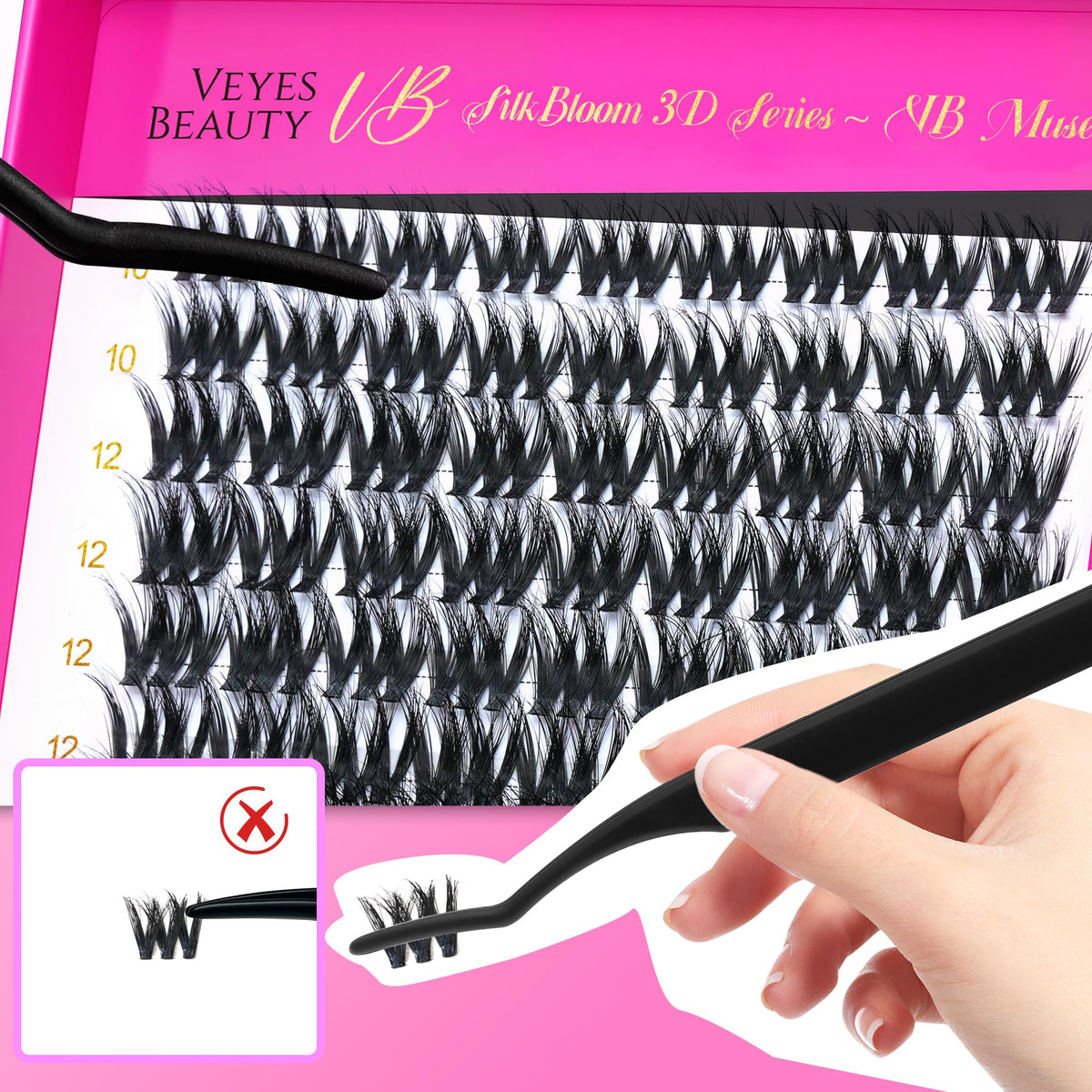User applying VEYESBEAUTY Lash Clusters with applicator tool