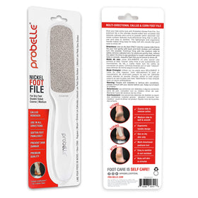 User holding Probelle foot file with callus debris visible