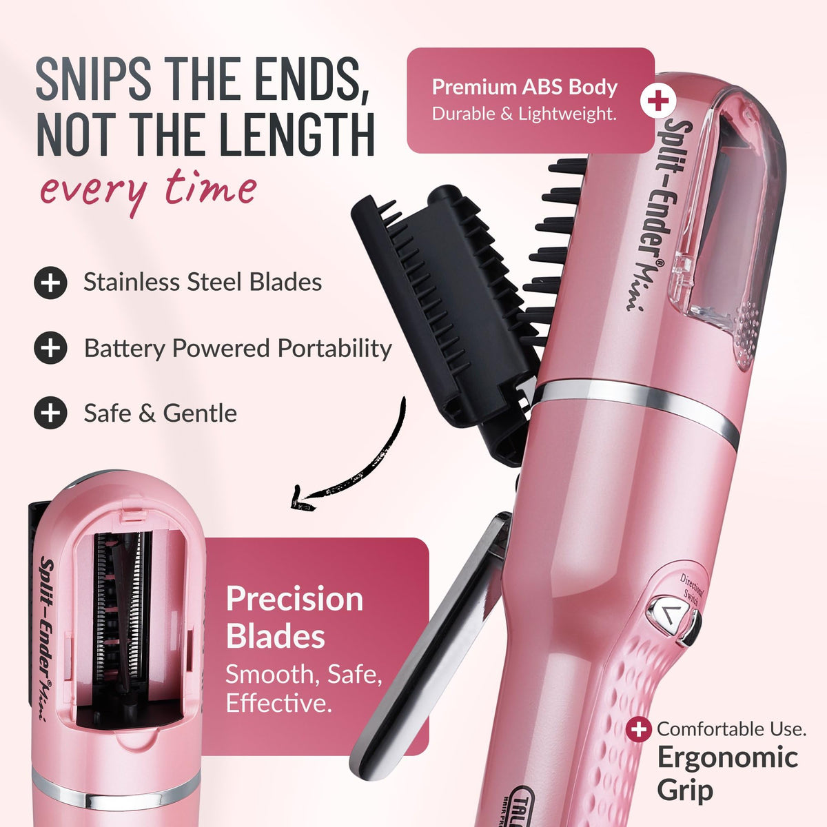 User holding Split-Ender Mini while styling hair