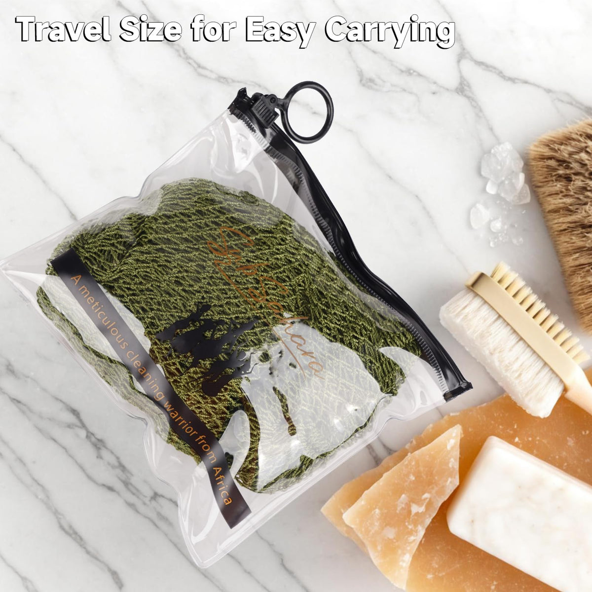 User holding SubSahara African Net Sponge in shower
