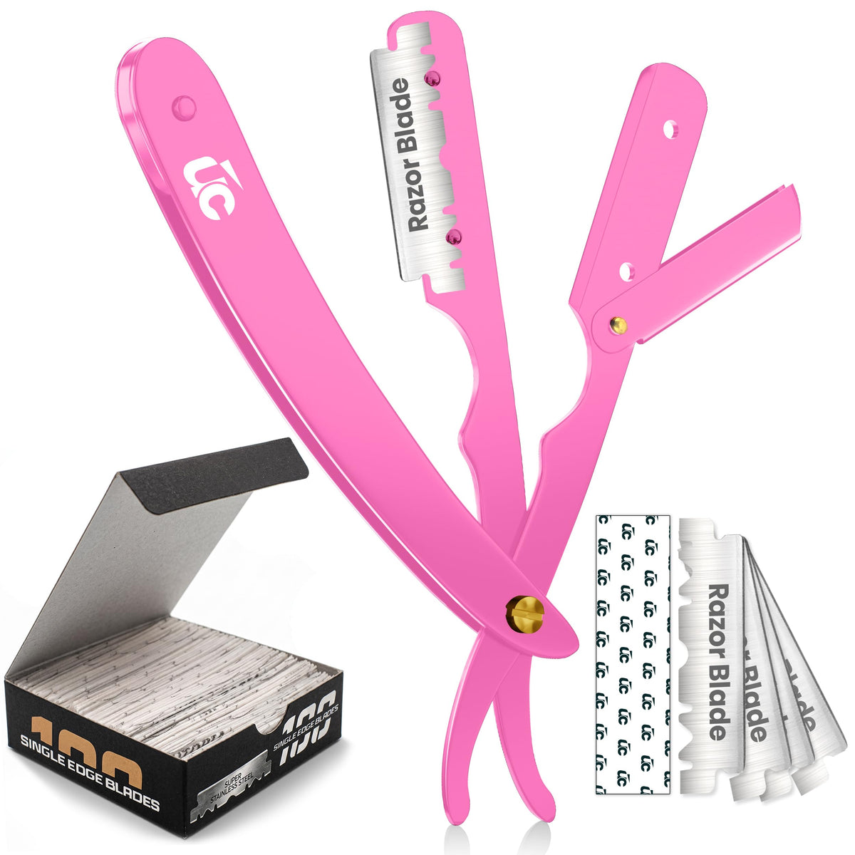 Utopia Care Professional Straight Razor in pink with blade cover