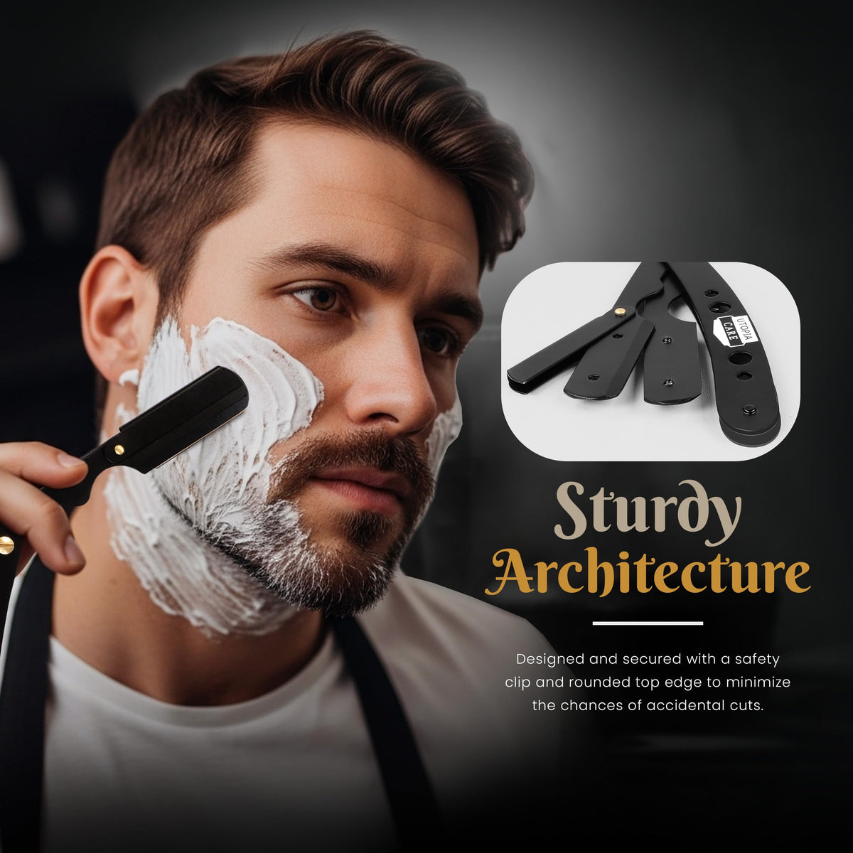 Utopia Care Straight Razor showing rounded tip design for safety