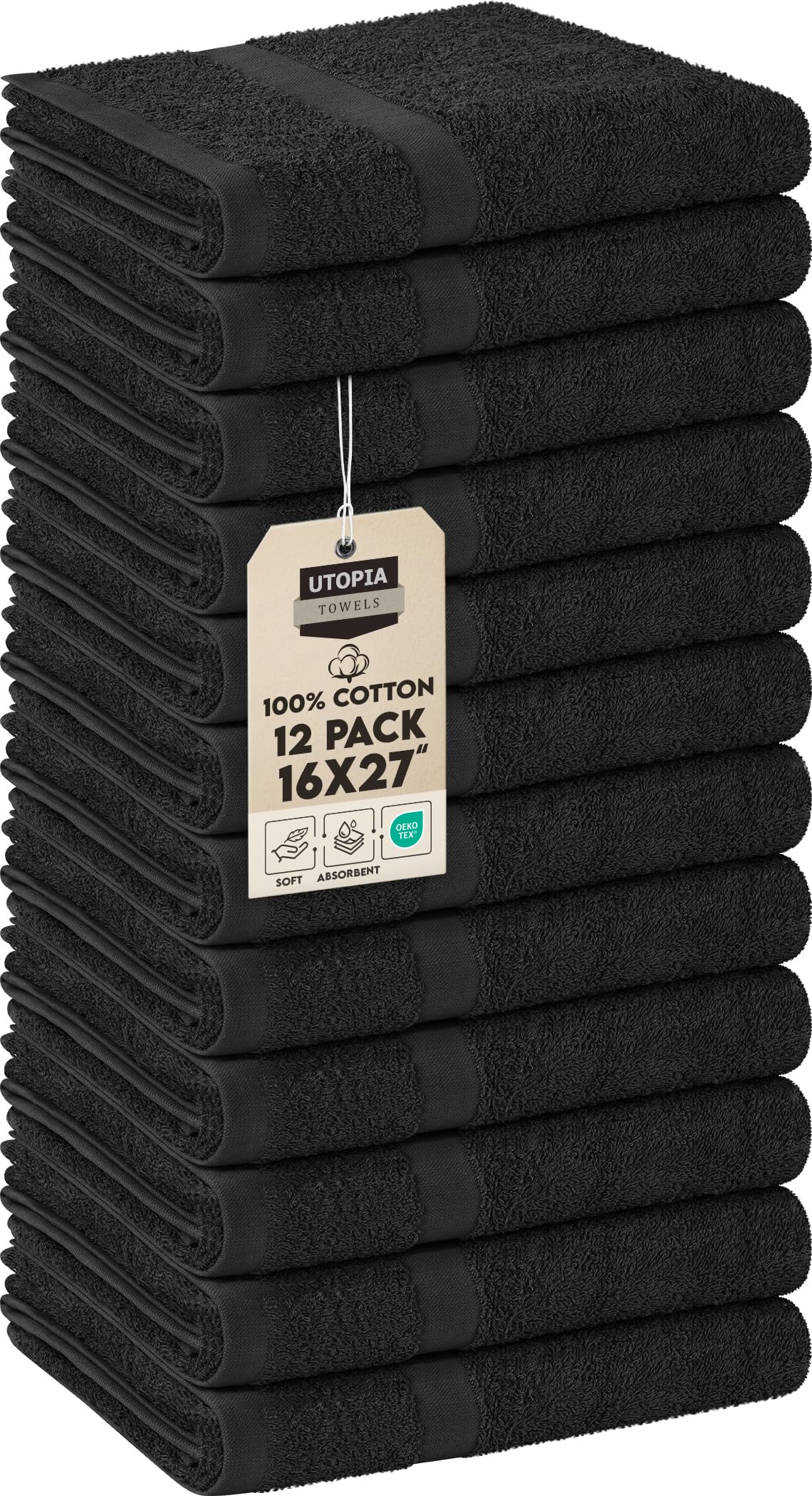Utopia Towels 12-pack black salon towels front view