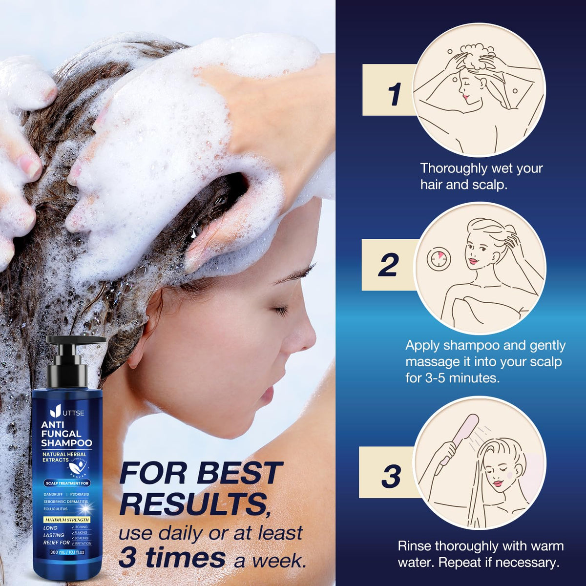 Uttse Anti-Fungal Shampoo 300 mL in bathroom setting